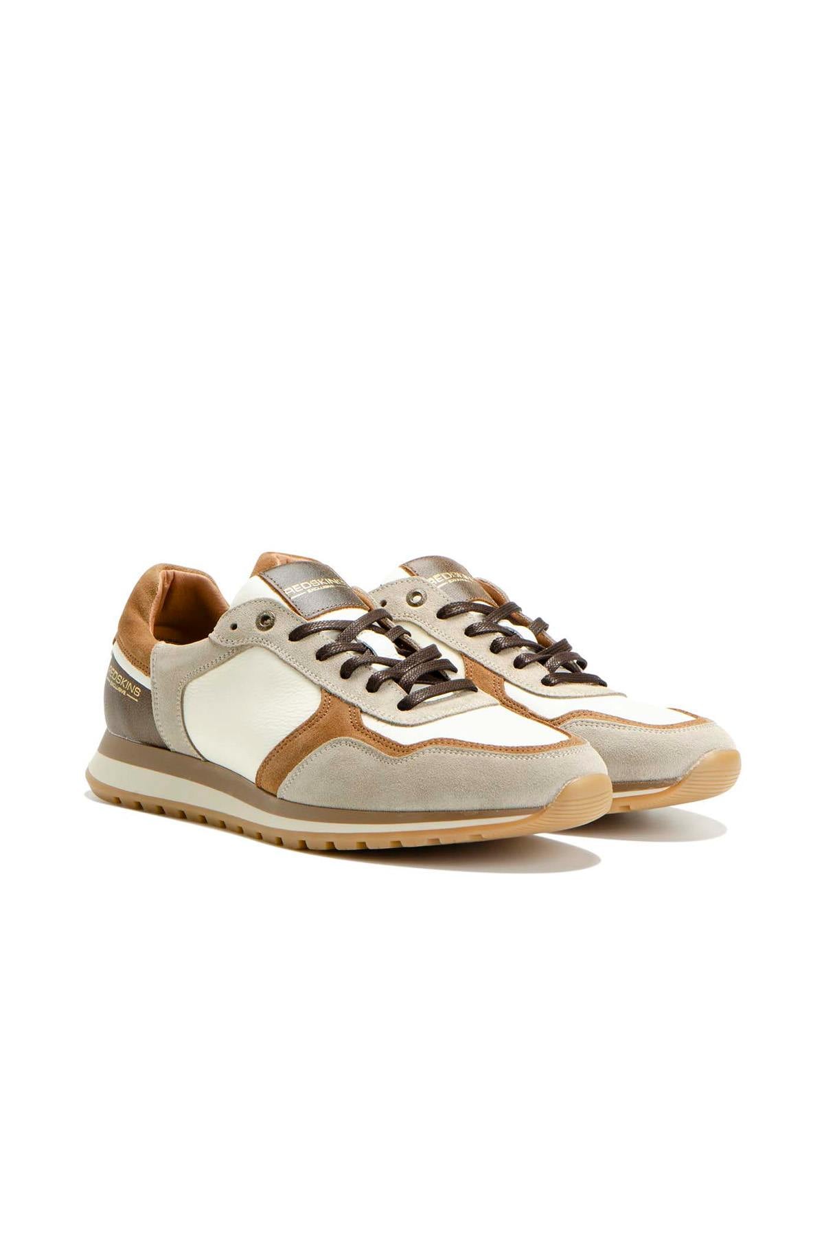 Running shoes in ecru, beige and cognac leather and suede - Image n°1