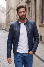 Men's Skinny Blue Leather Jacket - Image n°1