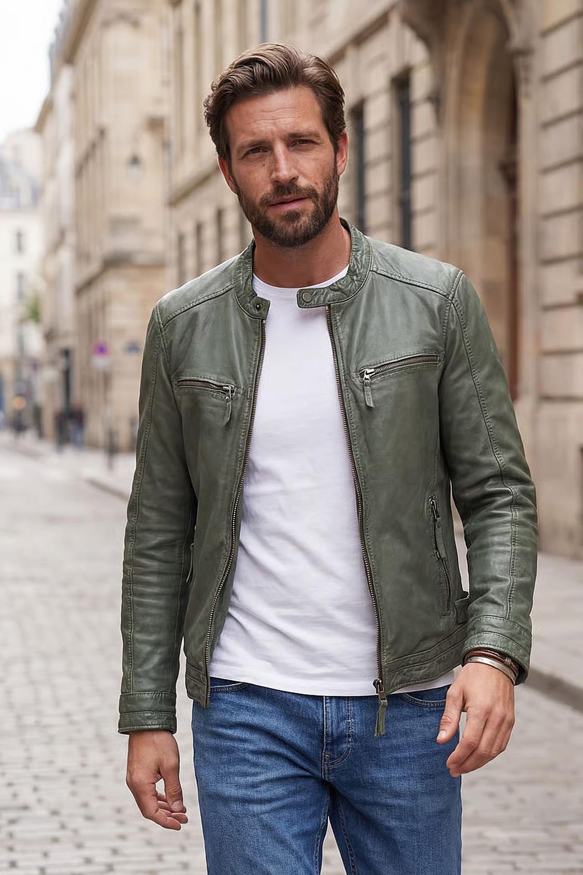 Skinny fit leather biker-collar jacket in cactus color - Image n°1