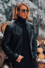 Black leather jacket with biker collar, racing style - Image n°3