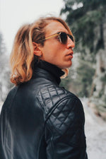 Black leather jacket with biker collar, racing style - Image n°4