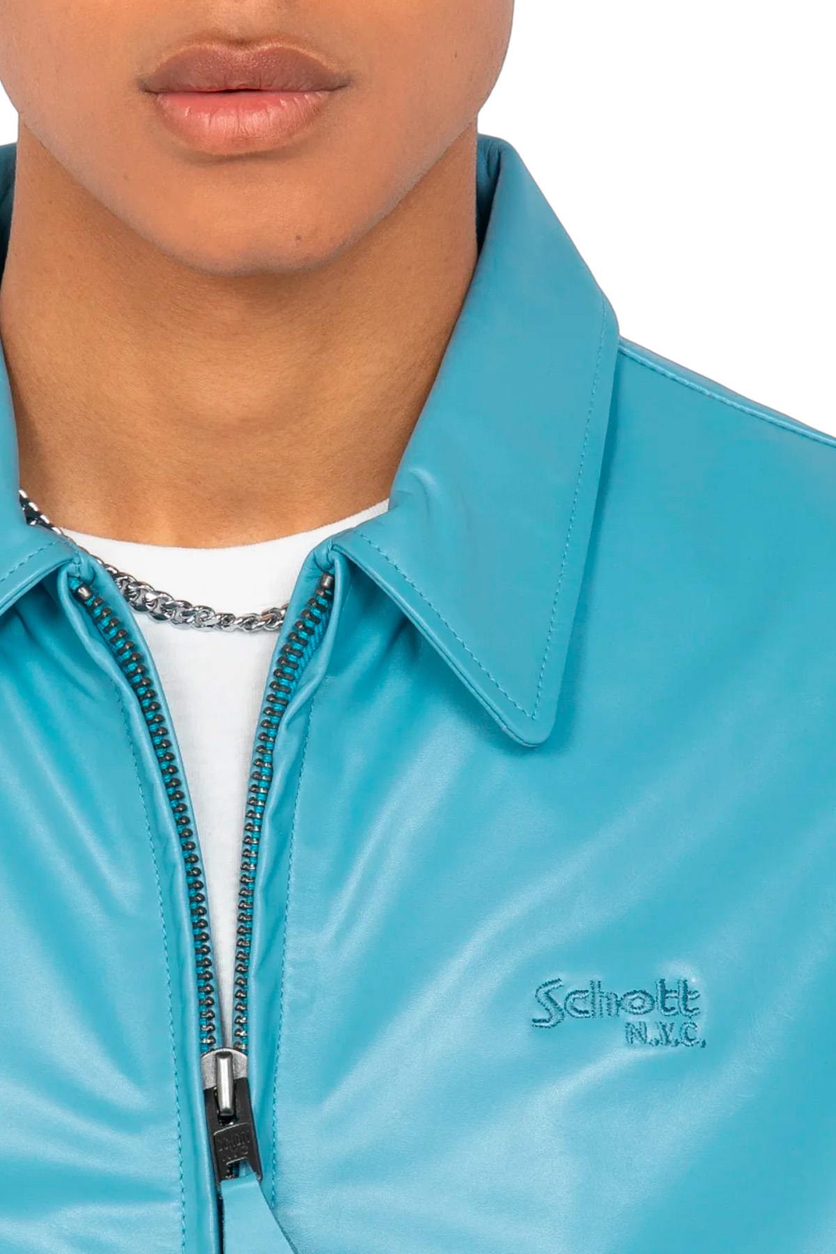Schott's varsity jacket in soft vachetta leather, sky blue and ecru. - Image n°4