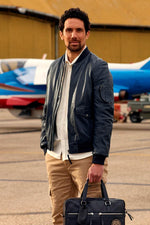 Aviation-inspired lambskin jacket in ocean blue with pilot pockets. - Image n°2