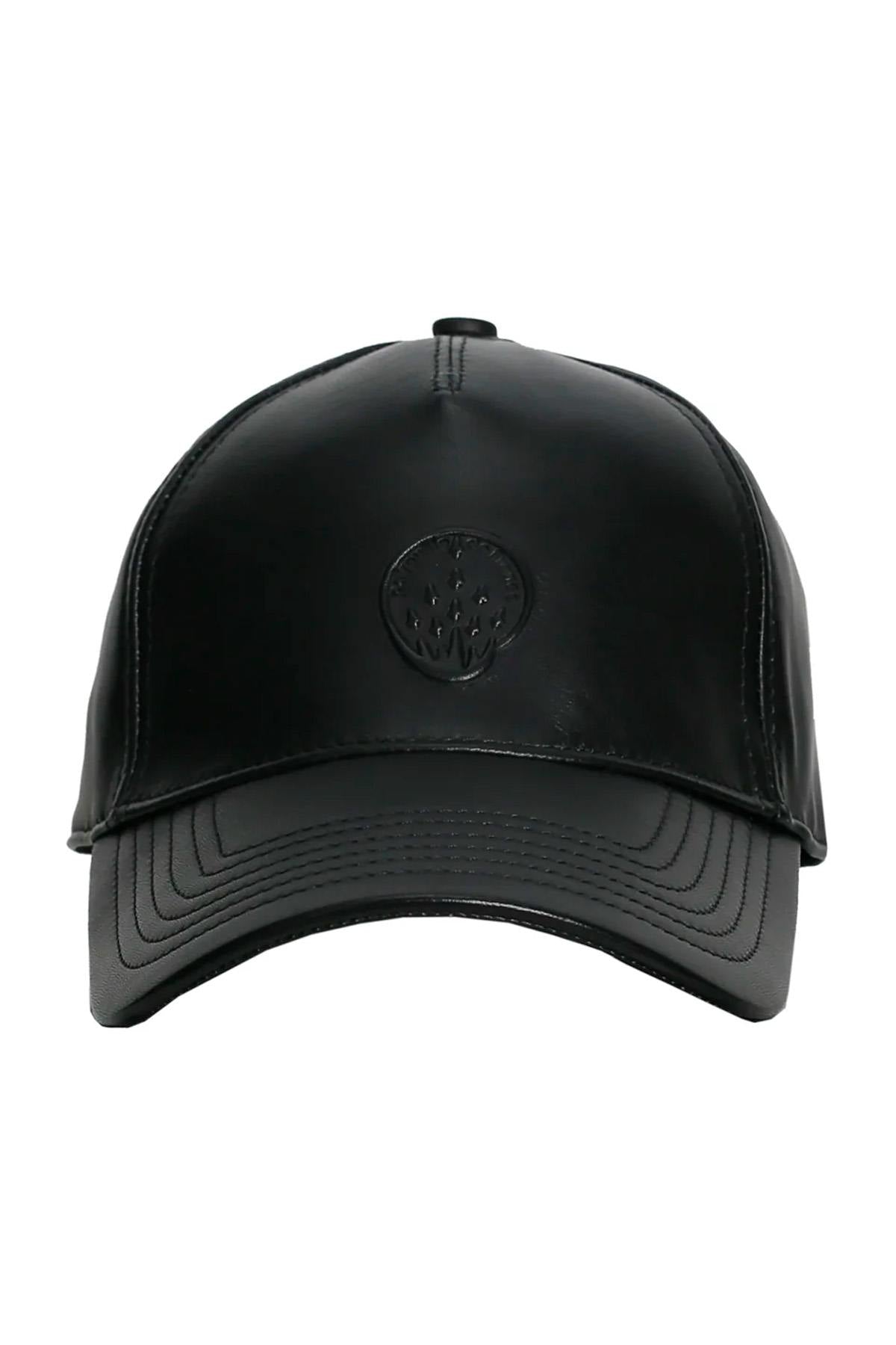 Black leather cap with tone-on-tone logo - Image n°1