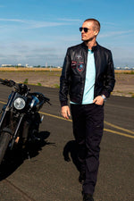 Navy blue biker collar leather jacket with PAF patches - Image n°2