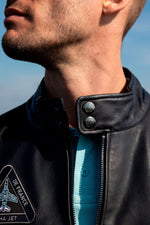 Navy blue biker collar leather jacket with PAF patches - Image n°4