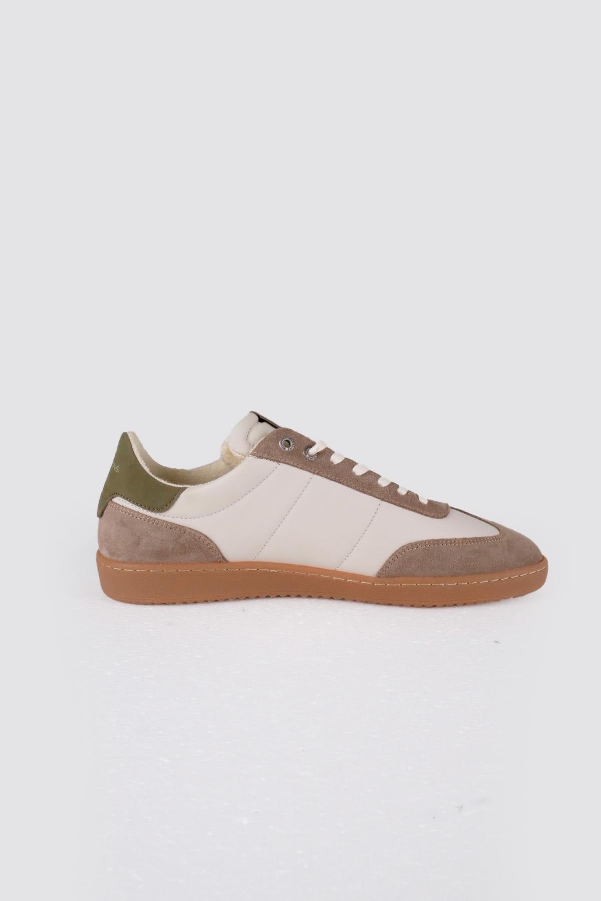 Low-top sneakers with laces in ecru, green and orange - Image n°2