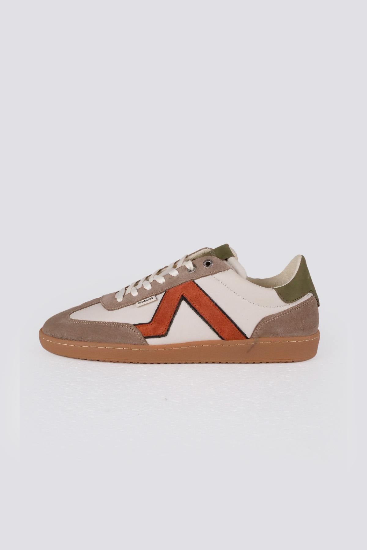 Low-top sneakers with laces in ecru, green and orange - Image n°1