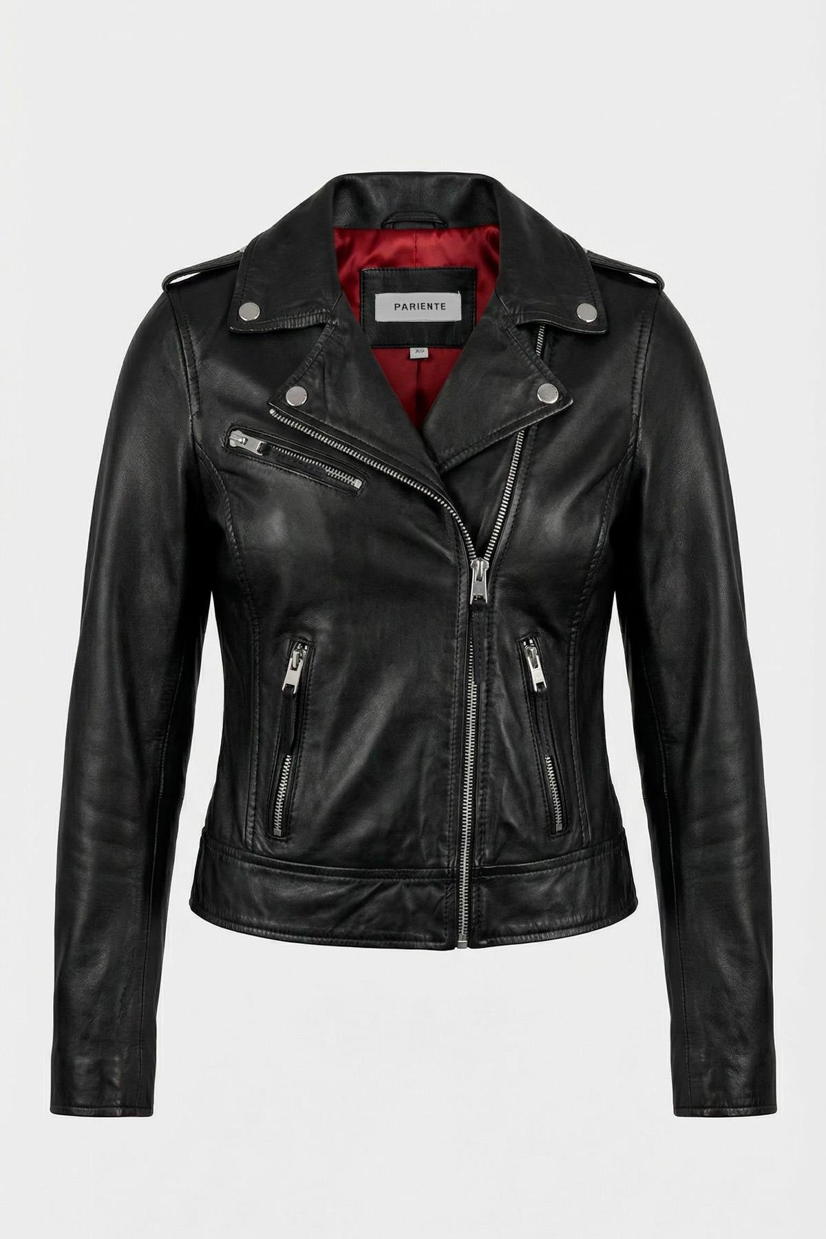 Black leather biker jacket with red satin lining - Image n°1