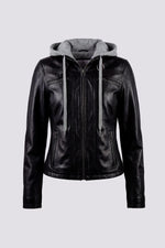 Black leather jacket with grey cotton hood - Image n°1