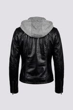 Black leather jacket with grey cotton hood - Image n°2