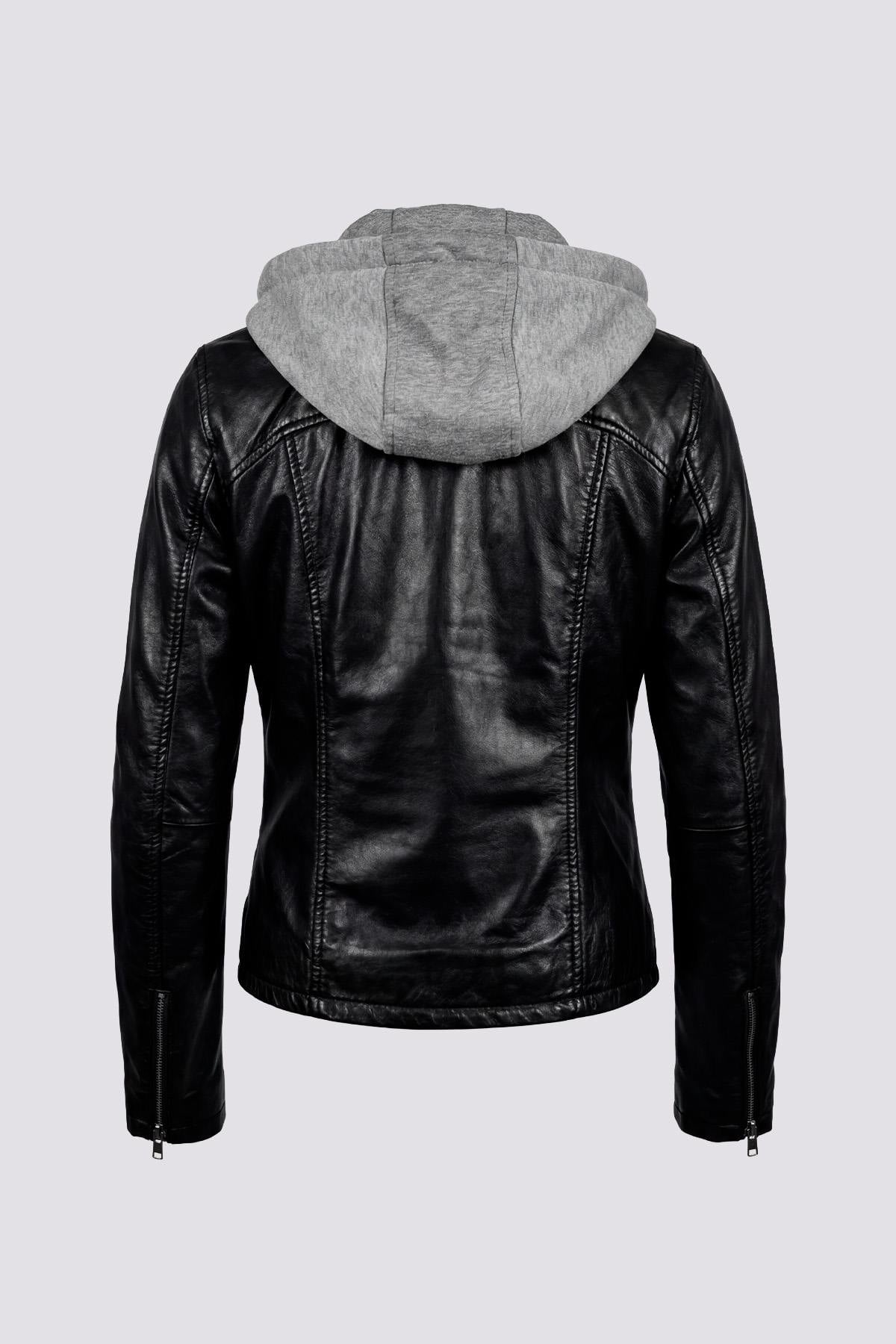Black leather jacket with grey cotton hood - Image n°2