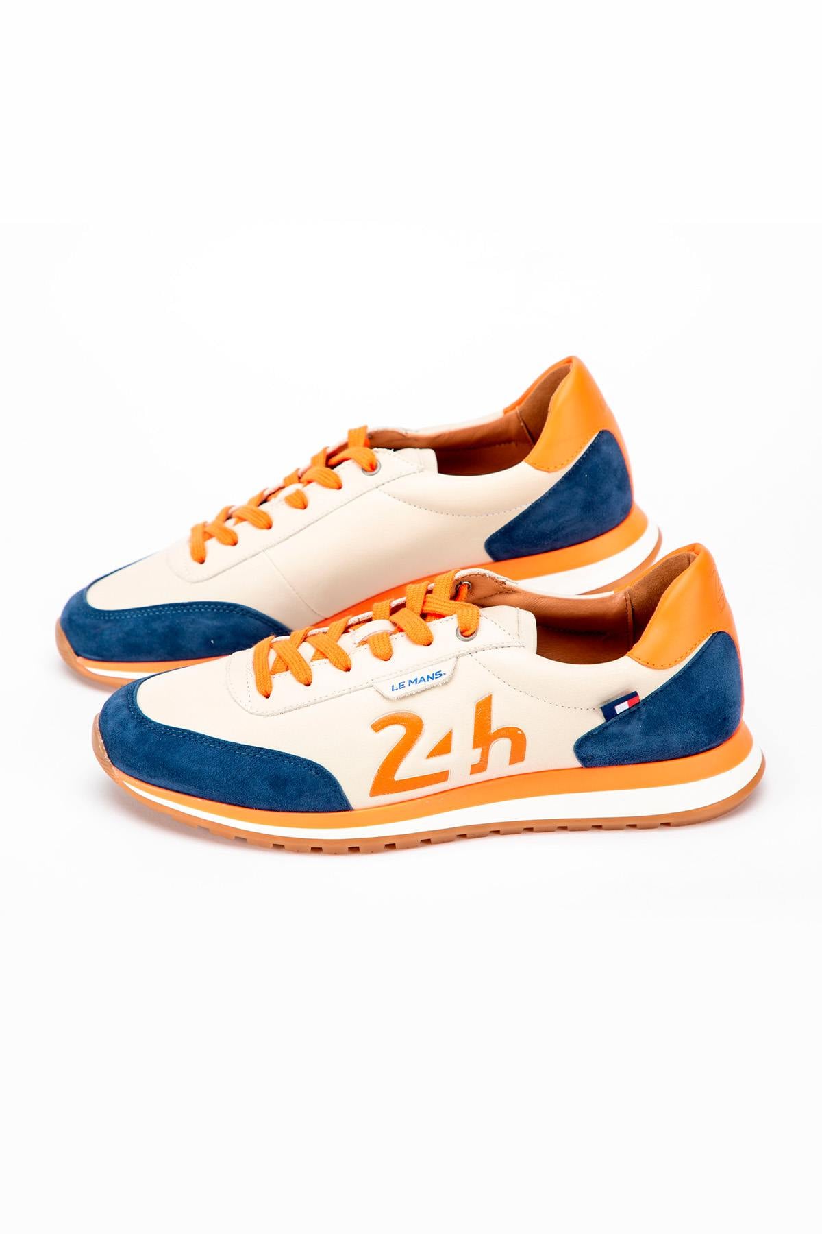 24h Le Mans leather sneakers in ecru, blue and orange - Image n°1
