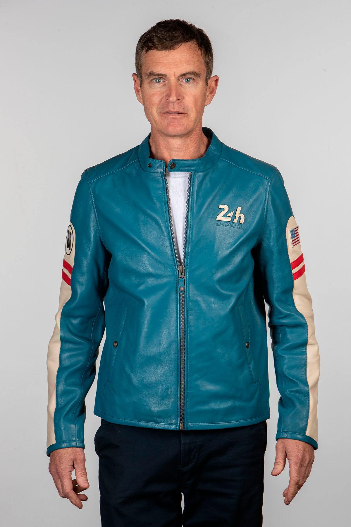 Sheep leather jacket in mallard blue. Le Mans-inspired, sporty style. - Image n°4