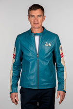 Sheep leather jacket in mallard blue. Le Mans-inspired, sporty style. - Image n°4