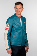 Sheep leather jacket in mallard blue. Le Mans-inspired, sporty style. - Image n°5