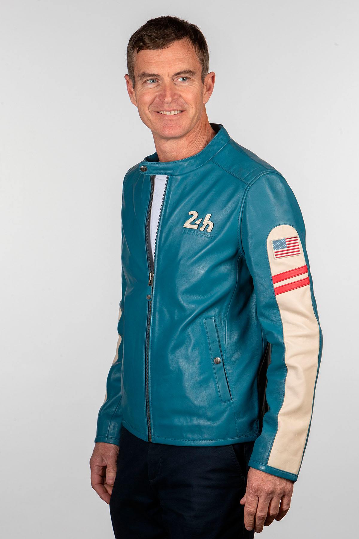 Sheep leather jacket in mallard blue. Le Mans-inspired, sporty style. - Image n°3