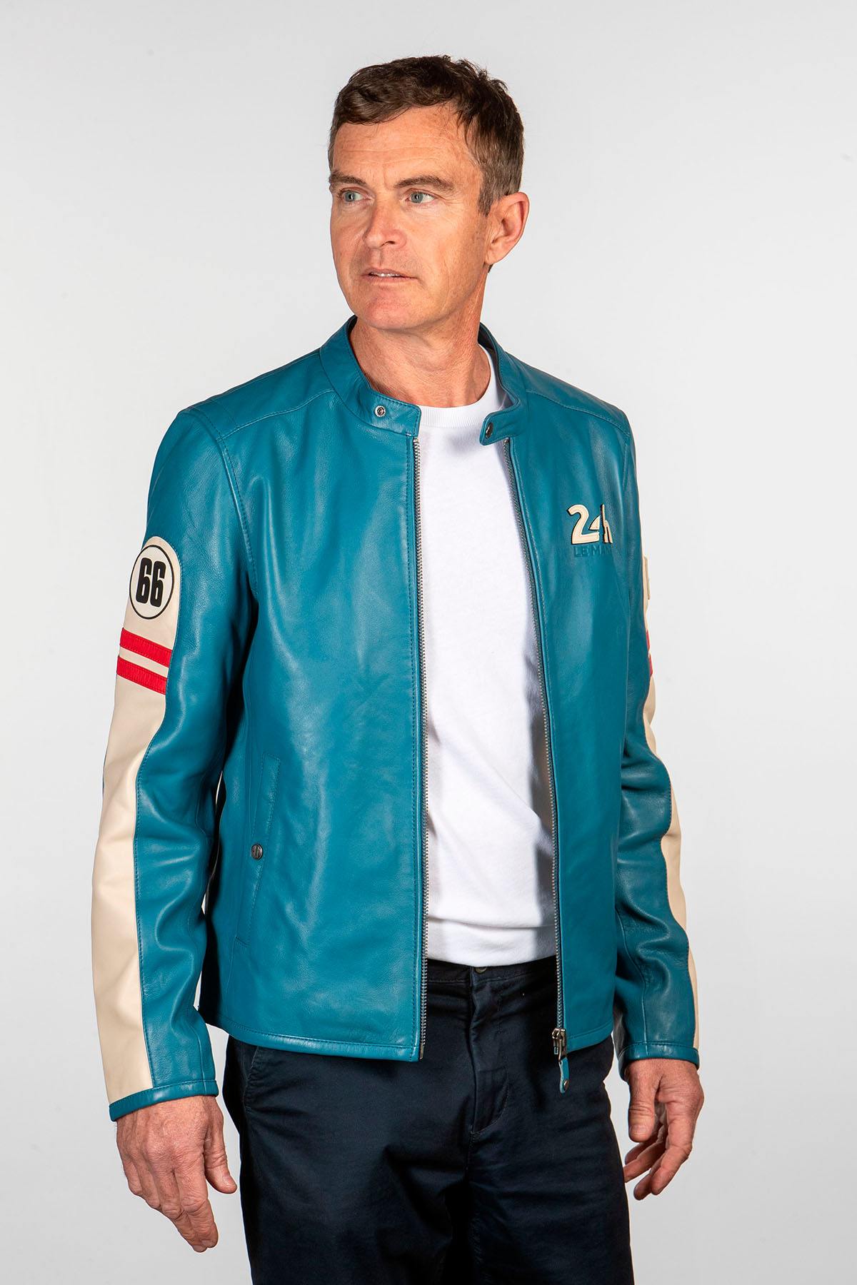 Sheep leather jacket in mallard blue. Le Mans-inspired, sporty style. - Image n°7