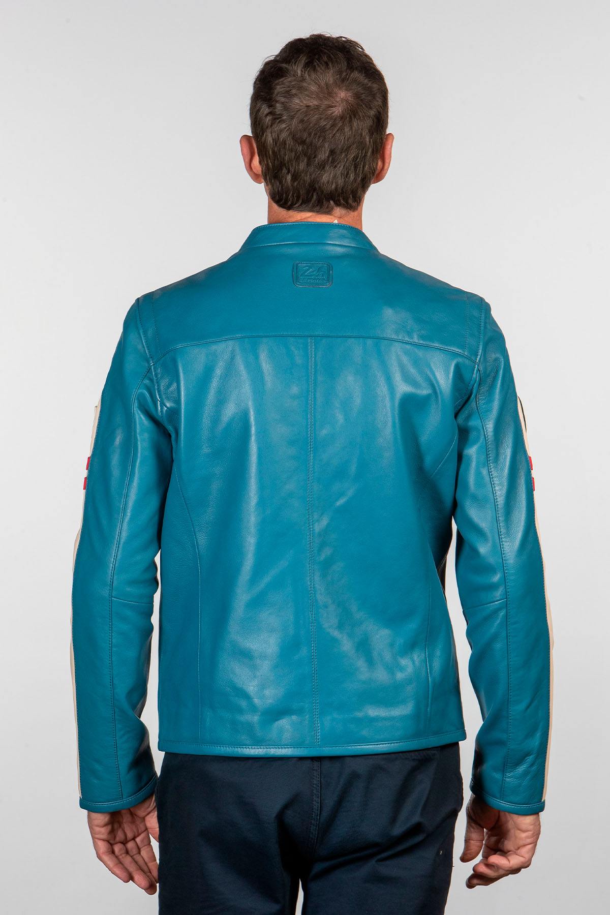 Sheep leather jacket in mallard blue. Le Mans-inspired, sporty style. - Image n°6