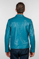 Sheep leather jacket in mallard blue. Le Mans-inspired, sporty style. - Image n°6
