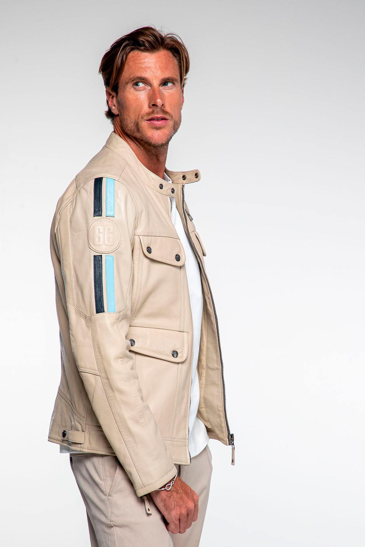 Ecru multi-pocket racing leather jacket - Image n°6