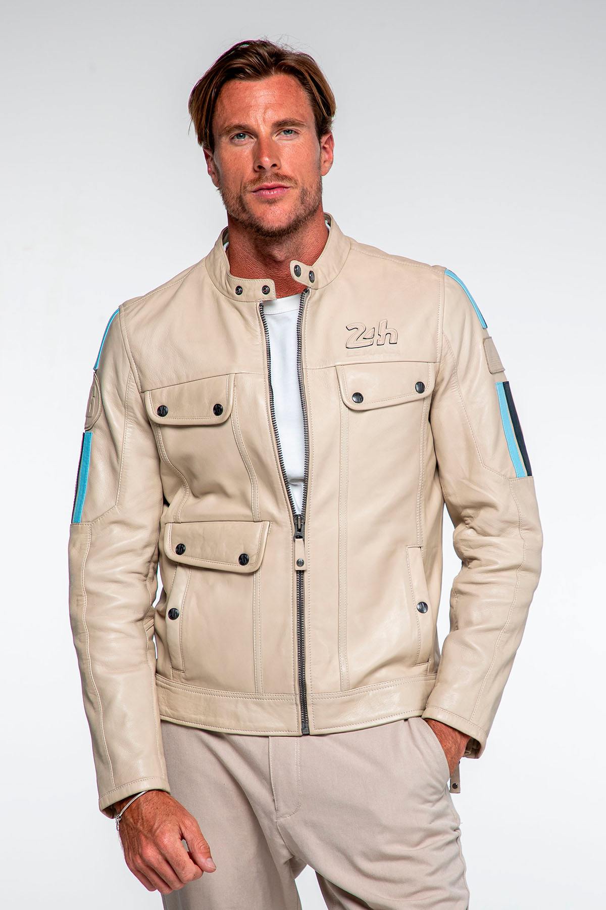 Ecru multi-pocket racing leather jacket - Image n°5