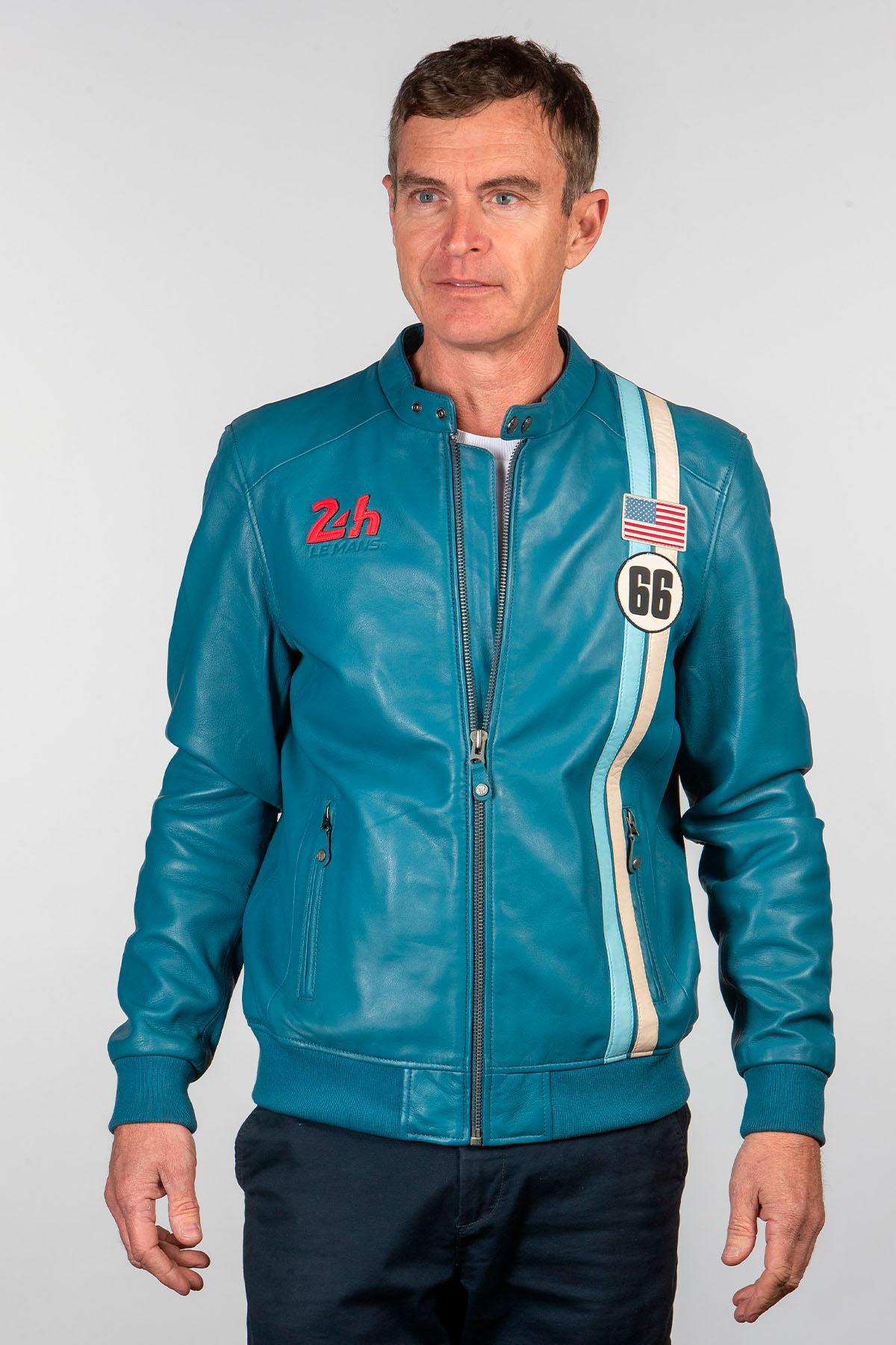 Mallard blue racing biker-collar leather jacket - Image n°5