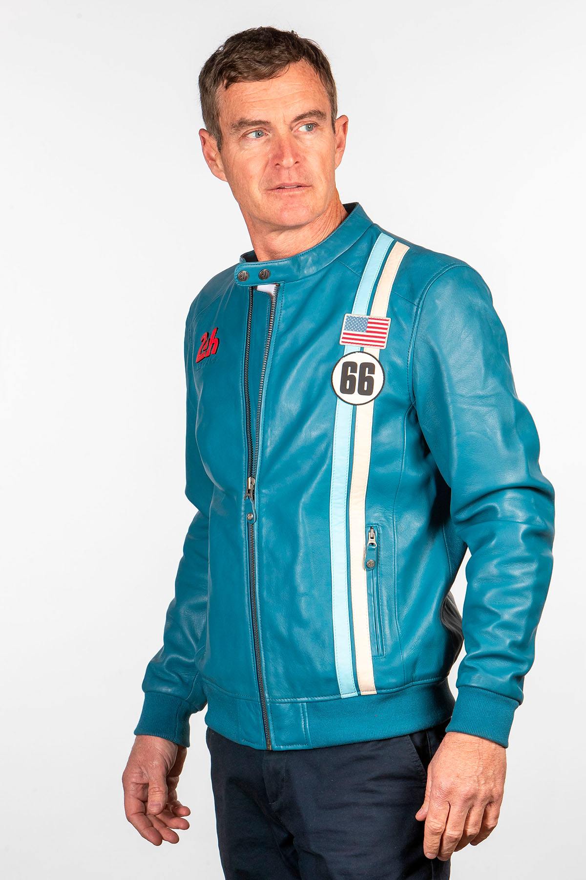 Mallard Blue sheep leather jacket with a motorbike collar. - Image n°2