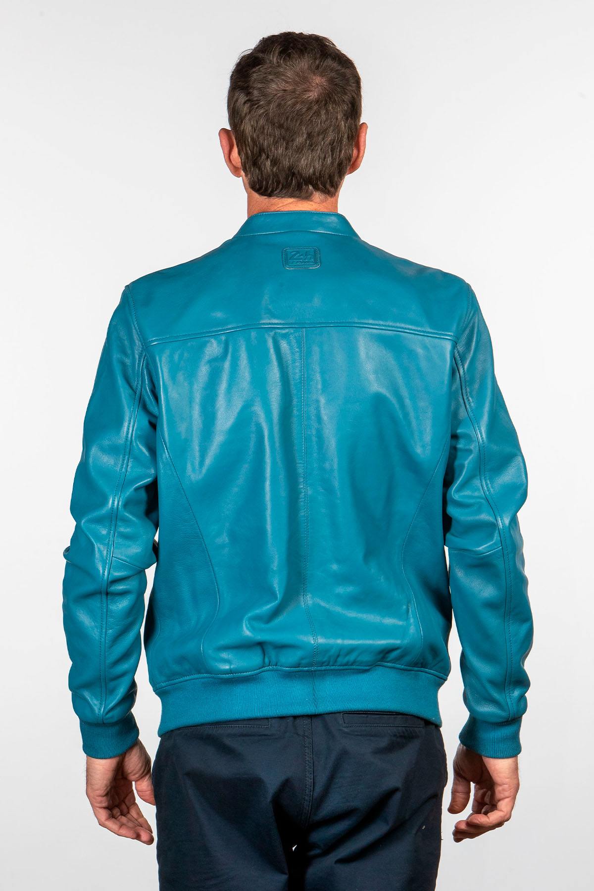 Mallard blue racing biker-collar leather jacket - Image n°4