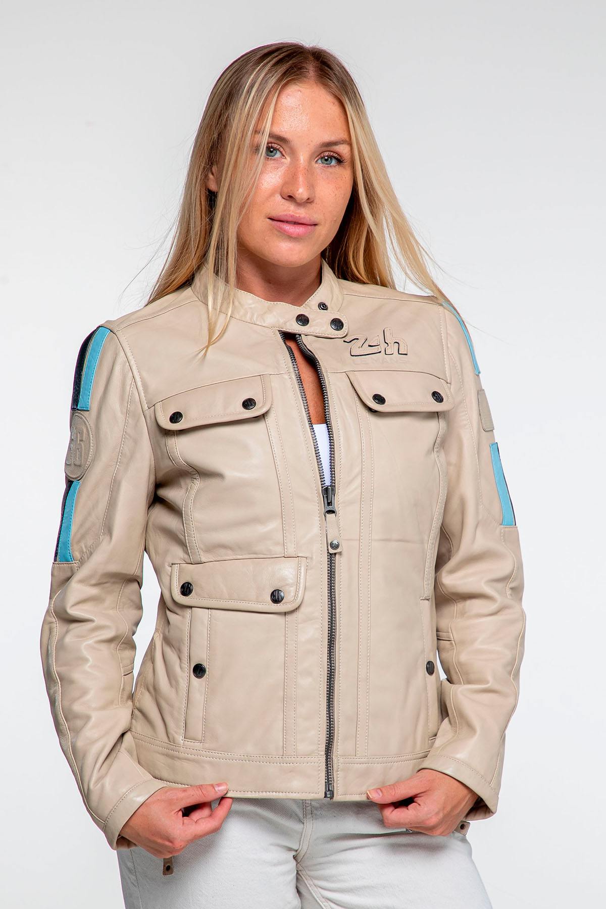 Ecru sheepskin jacket with a biker collar, inspired by motorsport. - Image n°3