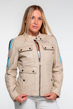 Ecru sheepskin jacket with a biker collar, inspired by motorsport. - Image n°3