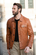 Cognac-colored leather trucker jacket - Image n°1