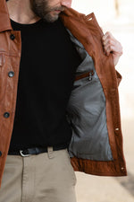 Cognac-colored leather trucker jacket - Image n°4