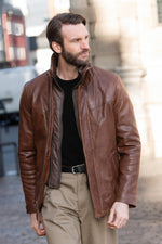 Long bison-colored leather jacket with removable facing - Image n°3