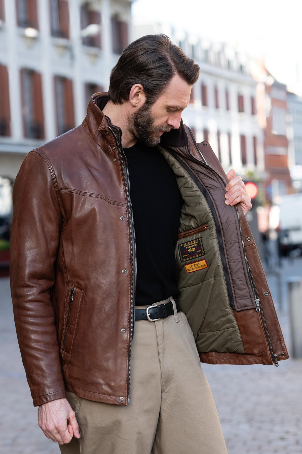 Long bison-colored leather jacket with removable facing - Image n°6