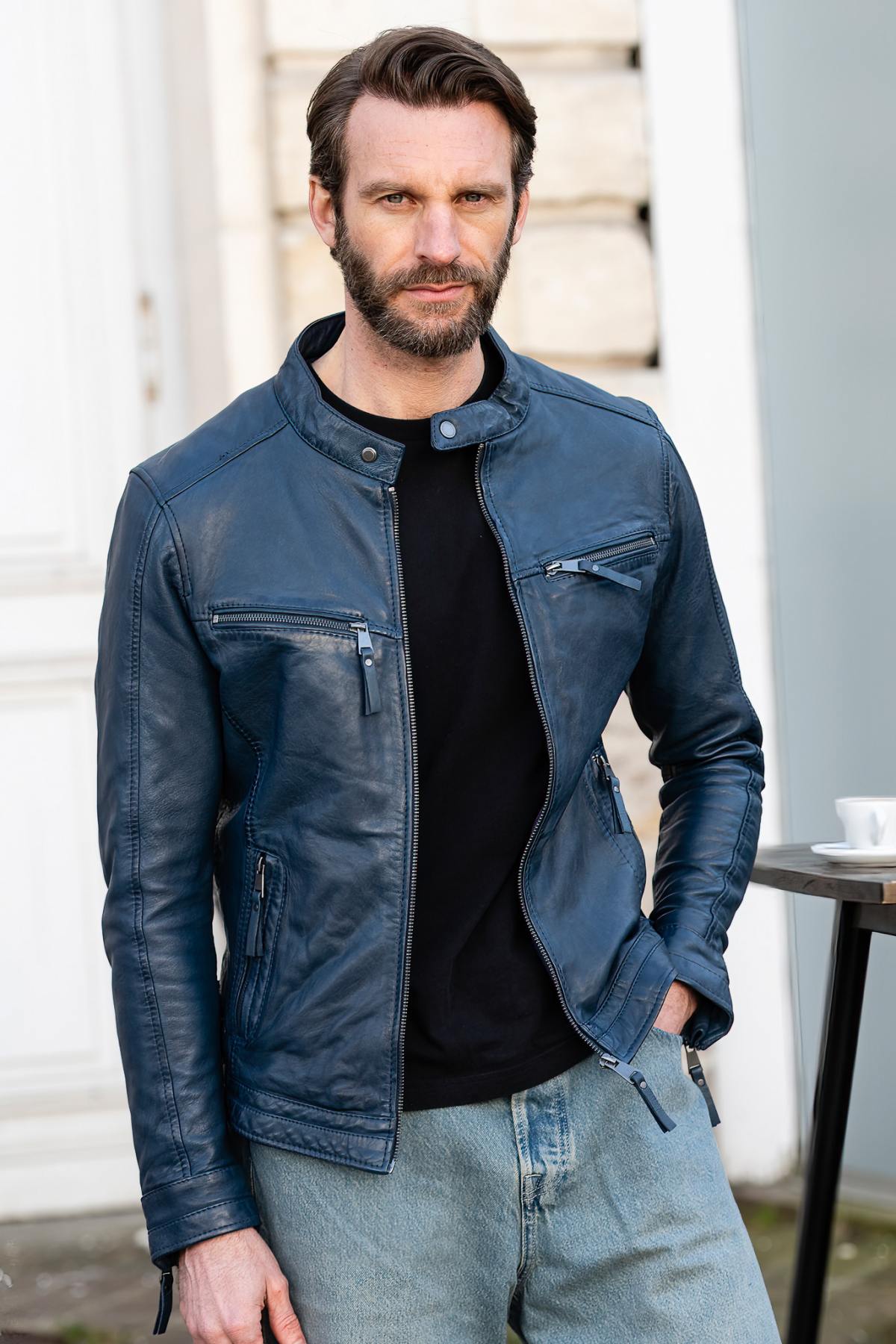Navy lambskin biker jacket, slim and lightweight for year-round style. - Image n°6