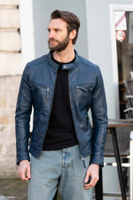 Navy lambskin biker jacket, slim and lightweight for year-round style. - Image n°2