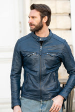 Navy lambskin biker jacket, slim and lightweight for year-round style. - Image n°4