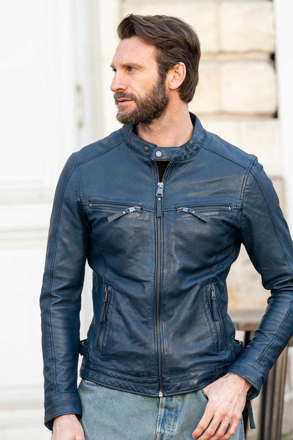 Navy lambskin biker jacket, slim and lightweight for year-round style. - Image n°4