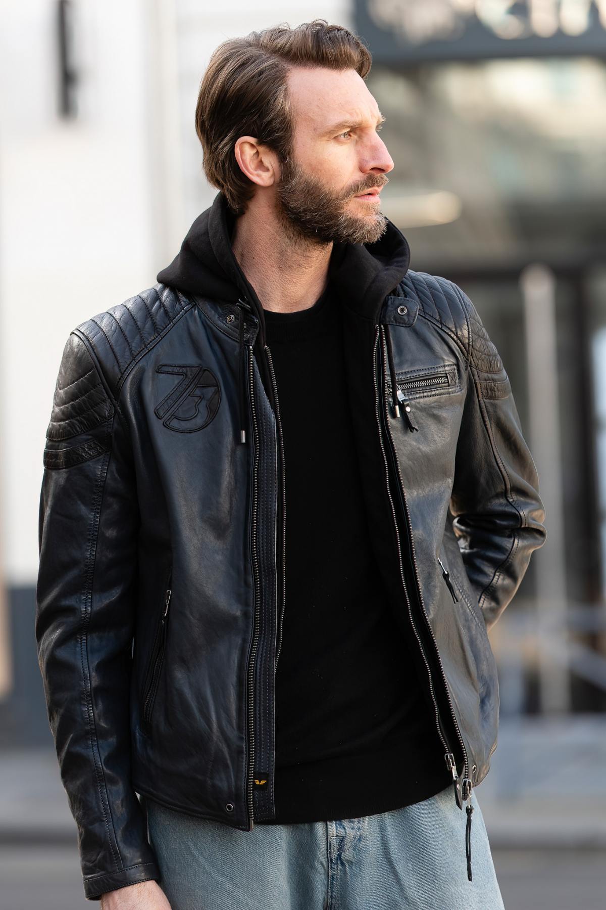 Navy blue and black biker-collar leather jacket with removable hood - Image n°3