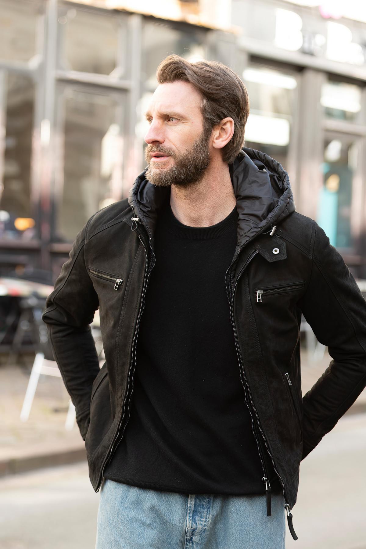 Black nubuck jacket with removable hood - Image n°1
