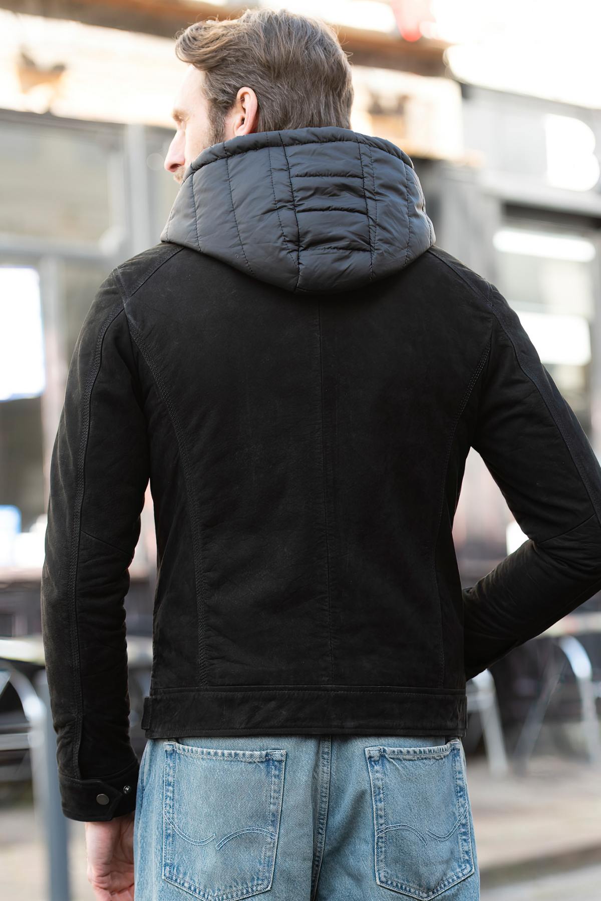 Black nubuck jacket with removable hood - Image n°4