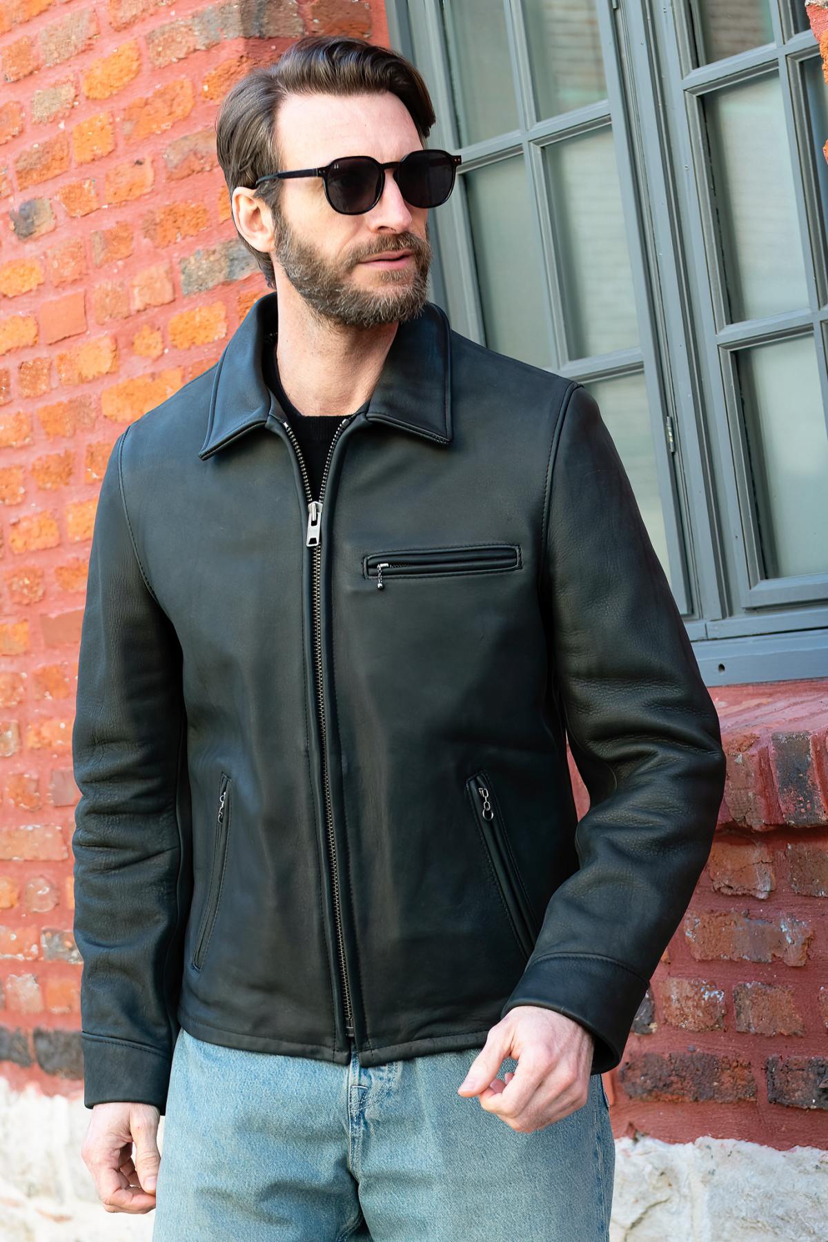 Black cowhide leather shirt-collar jacket, Made in USA - Image n°5