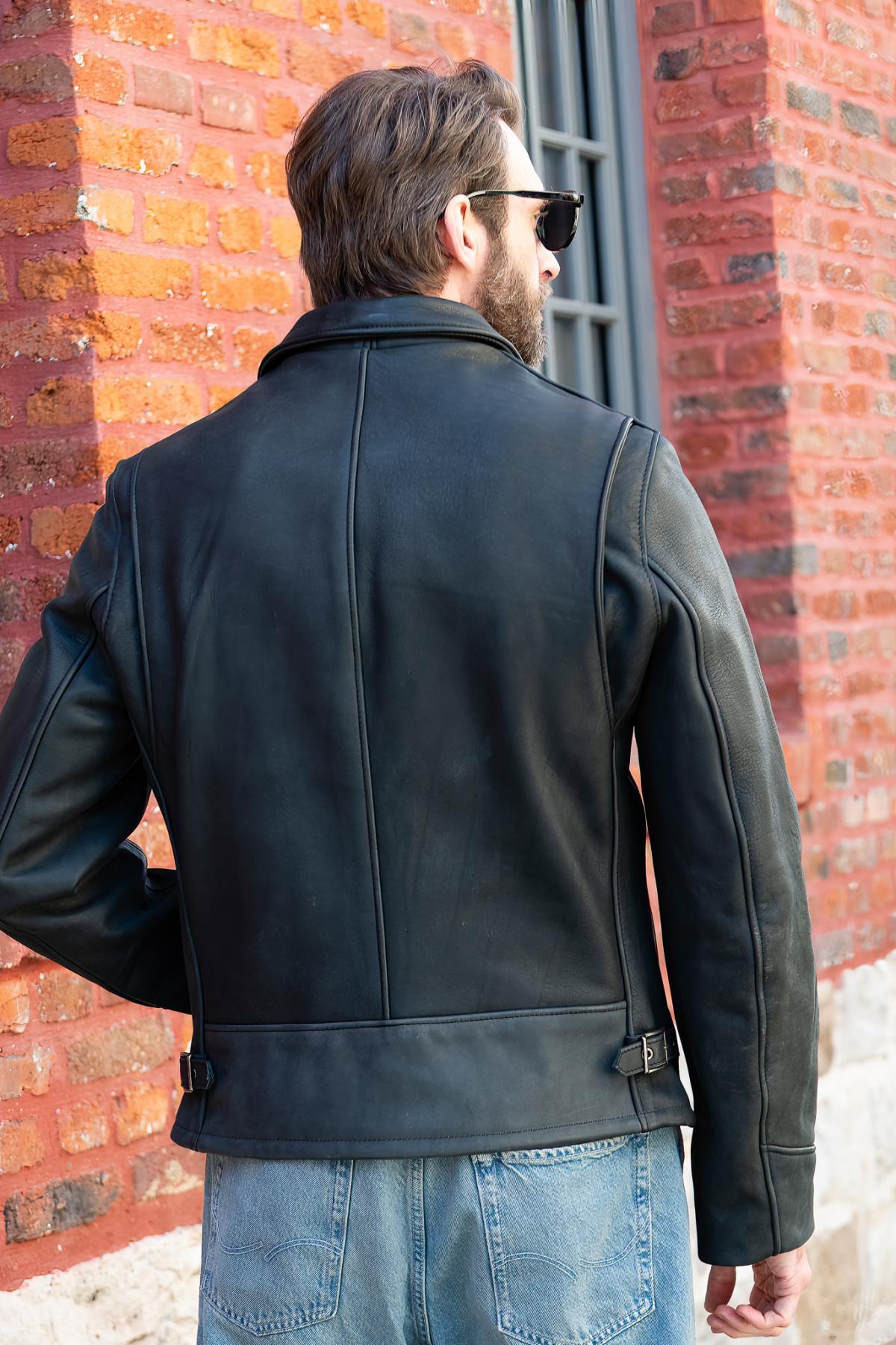 Black cowhide leather shirt-collar jacket, Made in USA - Image n°4