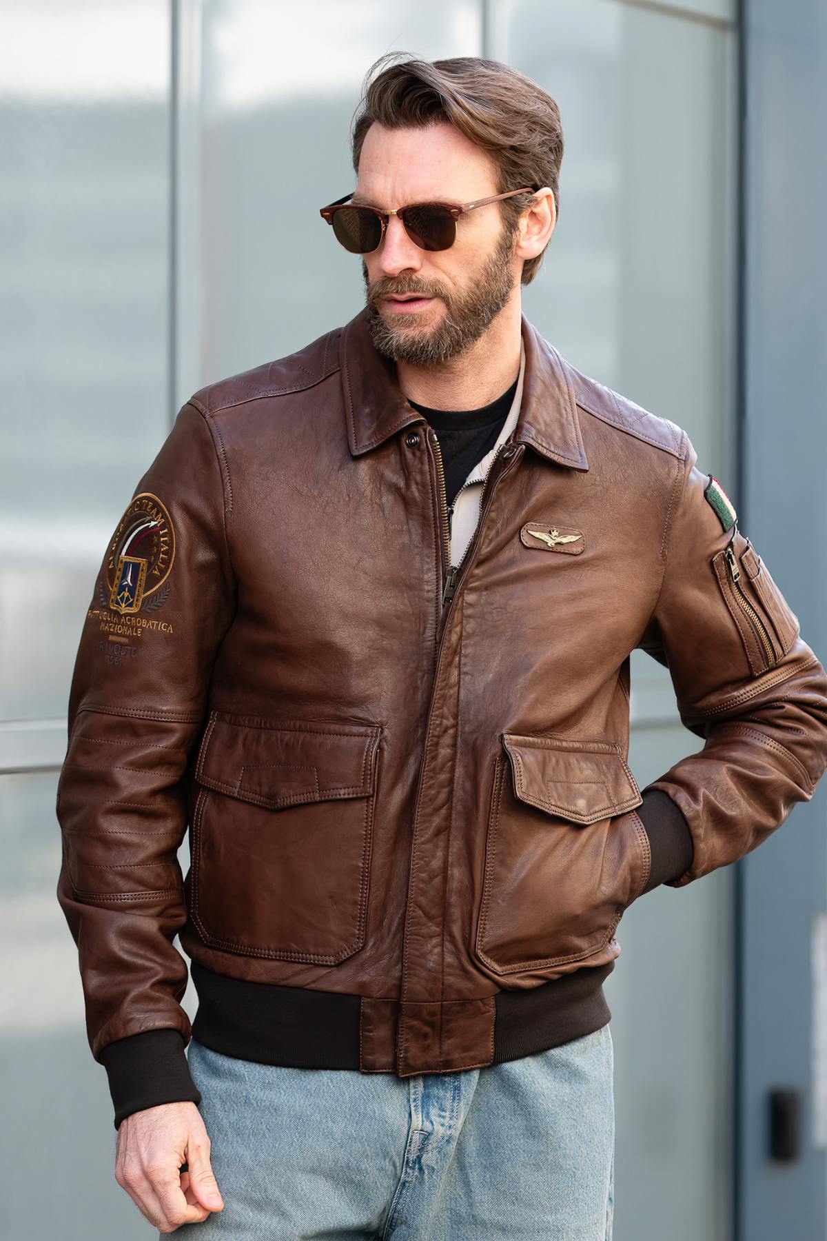 Tobacco brown sheep leather jacket, aviator style, crafted in Italy. - Image n°1