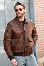 Tobacco brown sheep leather jacket, aviator style, crafted in Italy. - Image n°3