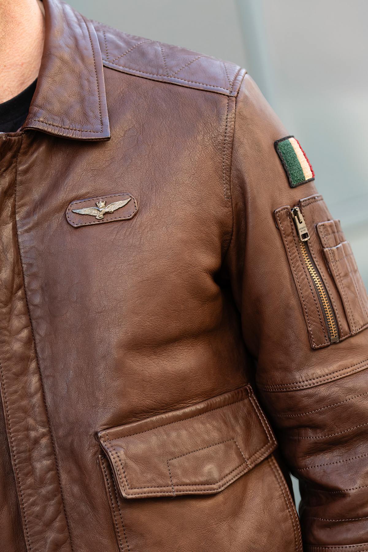 Tobacco brown sheep leather jacket, aviator style, crafted in Italy. - Image n°8