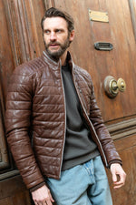 Puffer jacket without a hood, in bison-colored leather - Image n°2