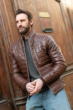 Puffer jacket without a hood, in bison-colored leather - Image n°5