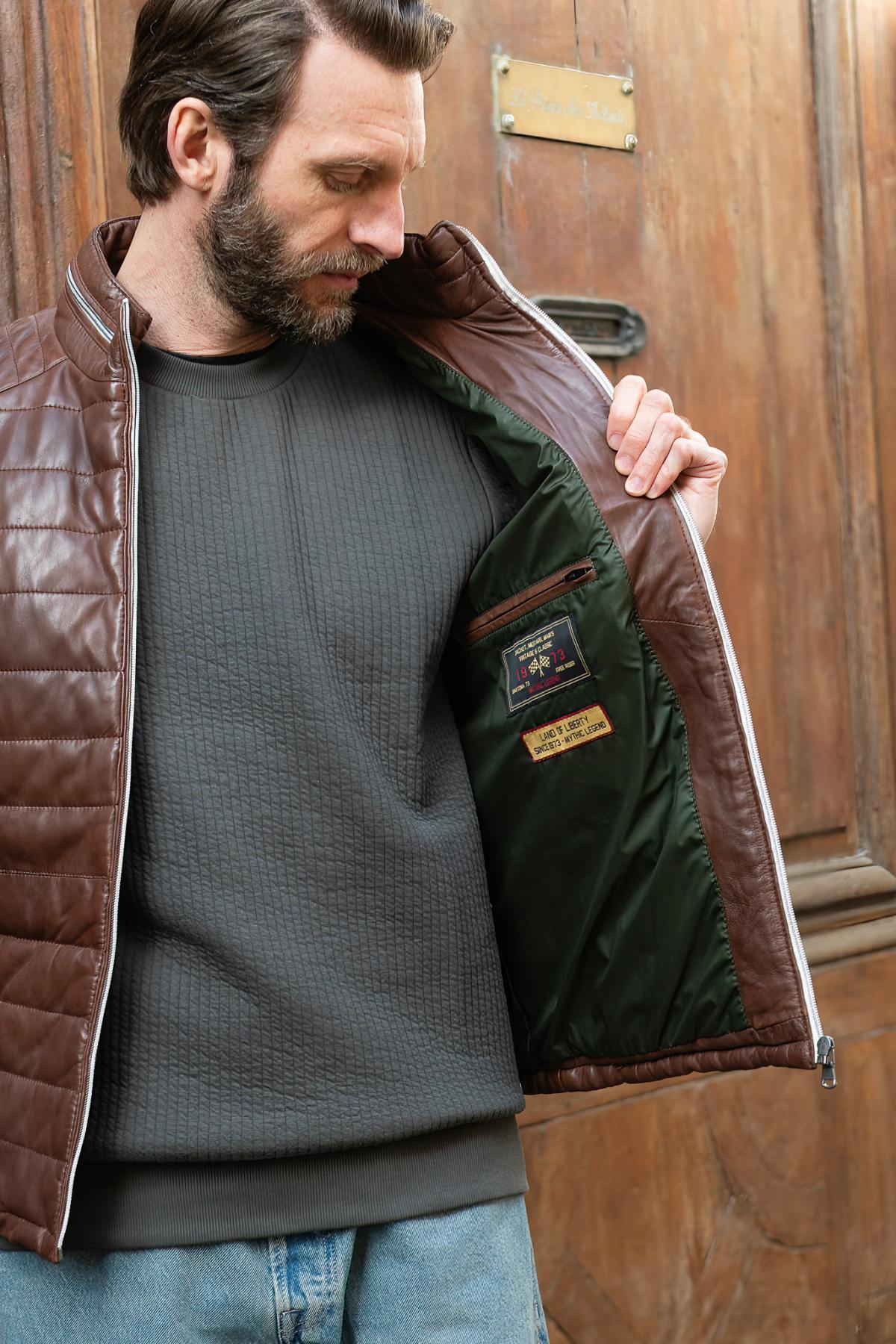 Puffer jacket without a hood, in bison-colored leather - Image n°6
